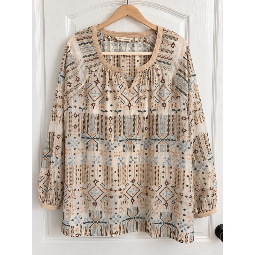 Soft Surroundings 2X Embroidered Sheer Blouse Cami Boho Geometric 2 Piece